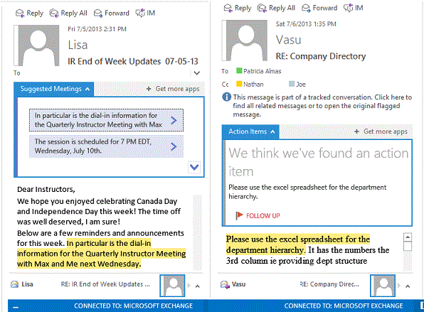 Suggested Meeting and Action Items found in Outlook 2013 items.